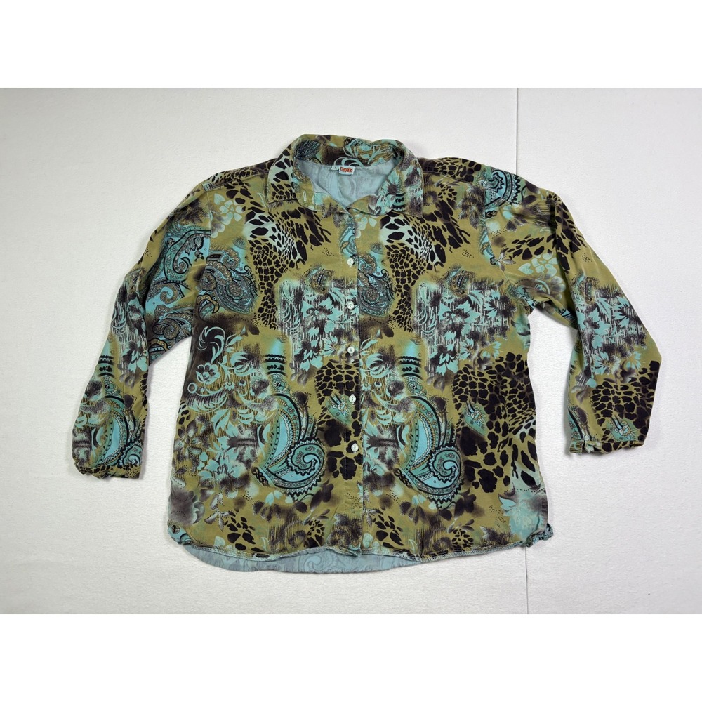 Tianello Womens Large Paisley Leopard Print Tencel Rayon Button Down Blouse USA